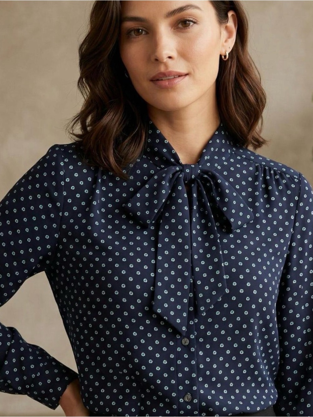 J.Crew Navy and White Polka Dot Tie Neck Bow Blouse, Size Medium